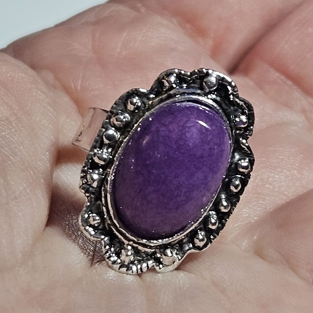 Silver Tone Purple Oval Stone Adjustable Fashion Ring